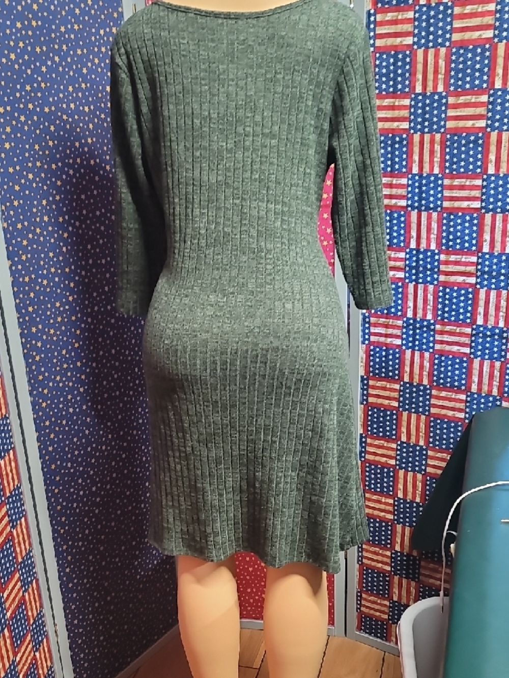 Olive Green Ribbed Wrap-Style Women’s Dress - Picture 2 of 3